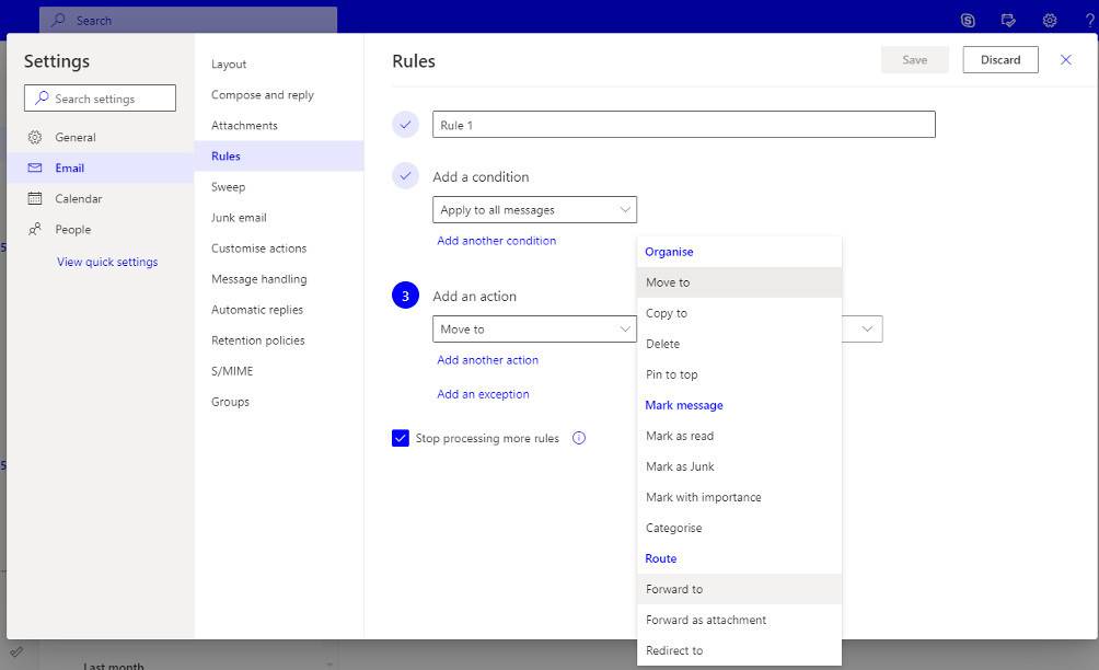 Screenshot showing Microsoft Outlook's rule setup